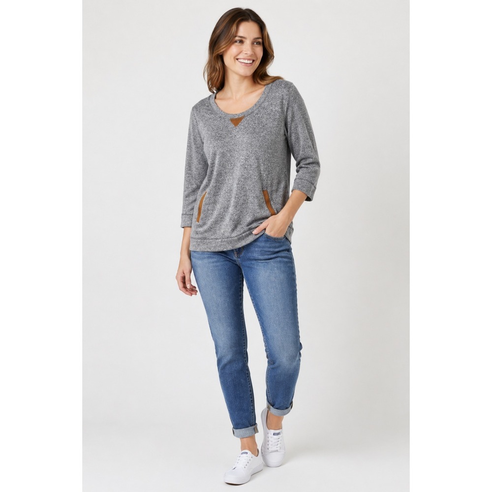 Soft Surroundingsβ Sweater Womens Medium Gray Cotton Brown Microsuede Trim
